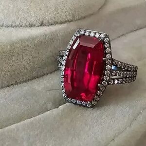 Jean Dousset Rhodium Plated Sterling Silver Emerald Cut Red Crystal Ring 9